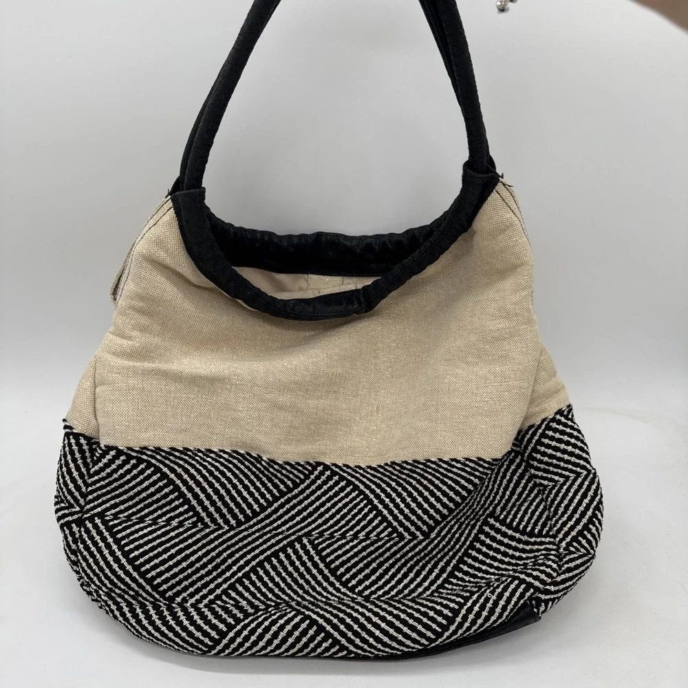 Meissi Genuine Pig Leather & Linen Hobo Shoulder Bag Black Cream‎ Woven Purse